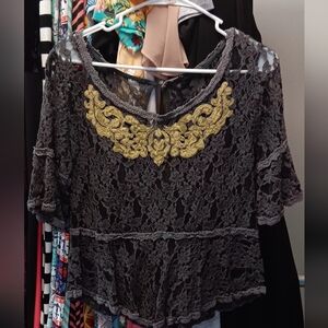 Elegant Black Lace Top with Gold Embroidery